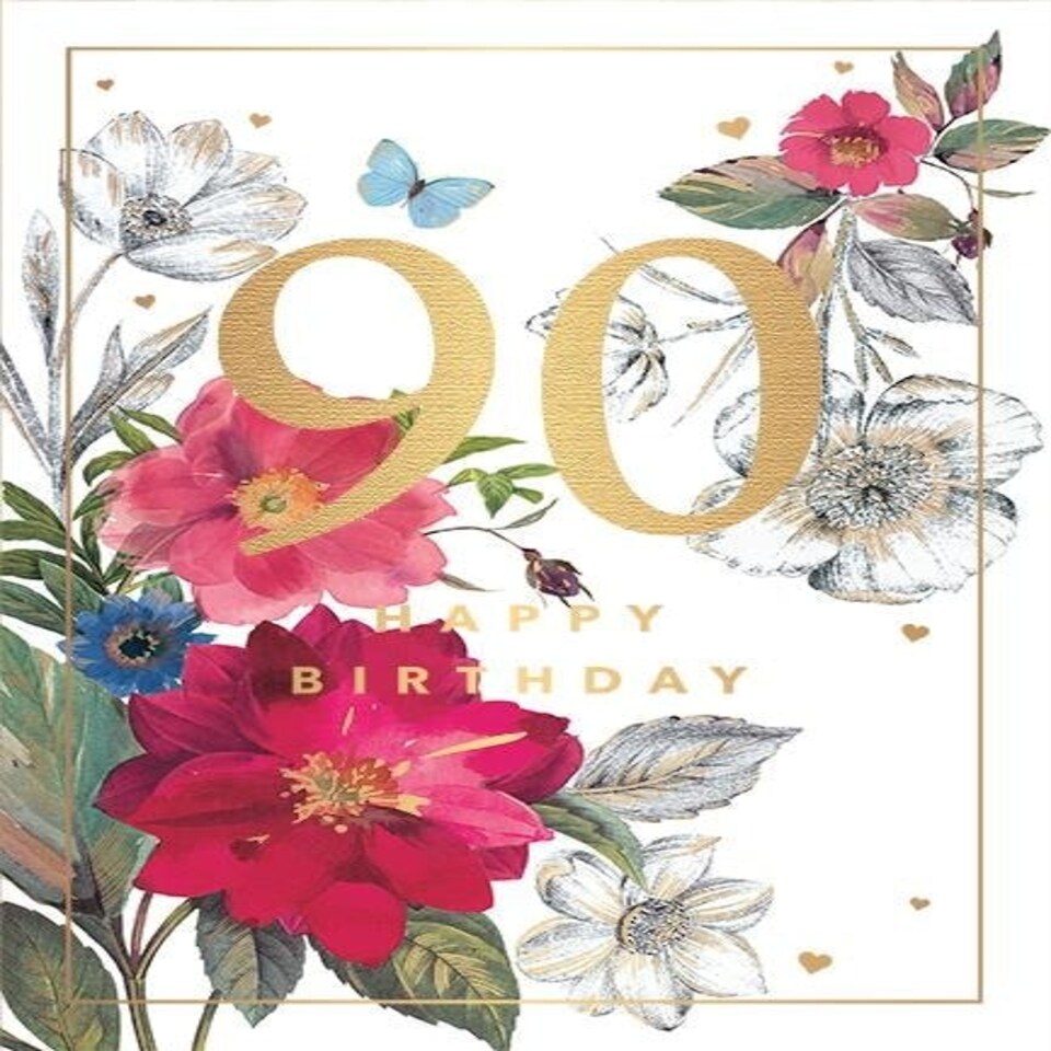Words 'n' Wishes Female 90th Birthday Card, Gorgeous Floral Design, Gold Foil Lettering