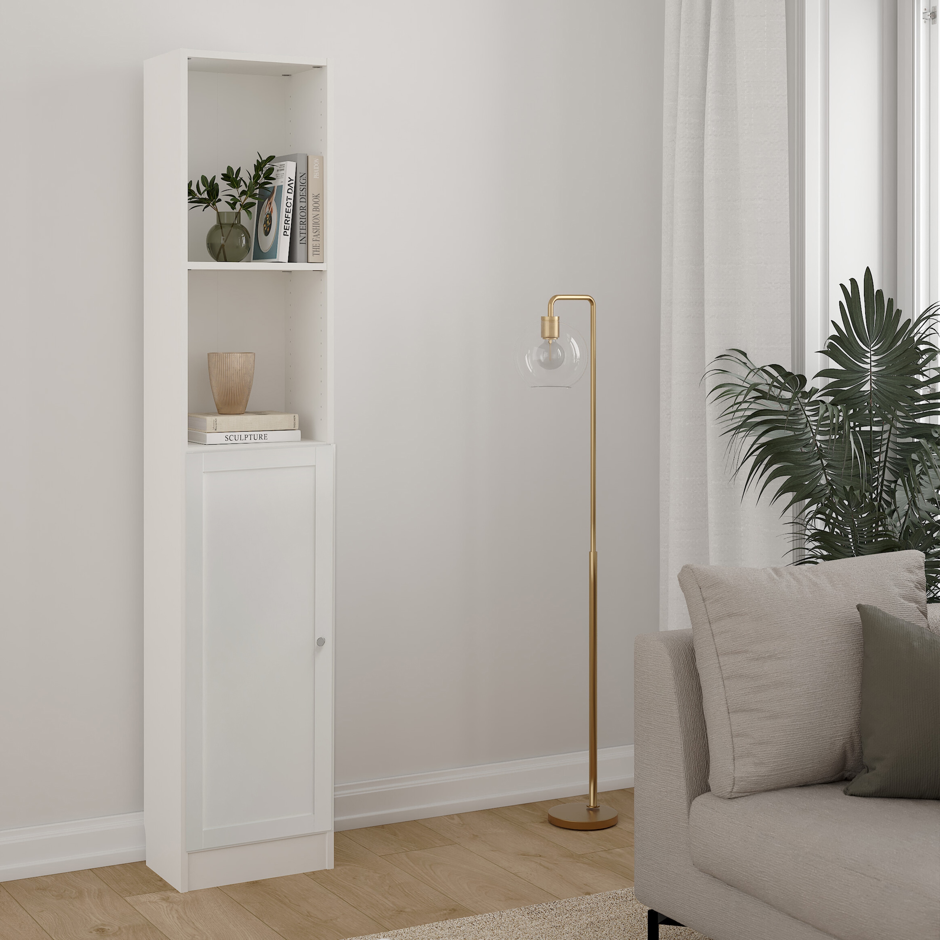 Basic Tall Narrow Combination Storage Bookcase In White (4 Shelves) With Glass White Door, White