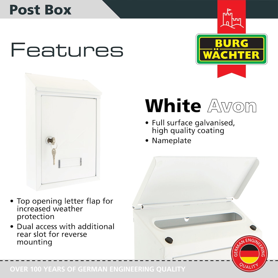 image 1 of Burg-Wachter White Avon Dual Entry Wall Mounted Galvanised Steel Lockable Weatherproof Post Box - 21x30x7cm | White | White