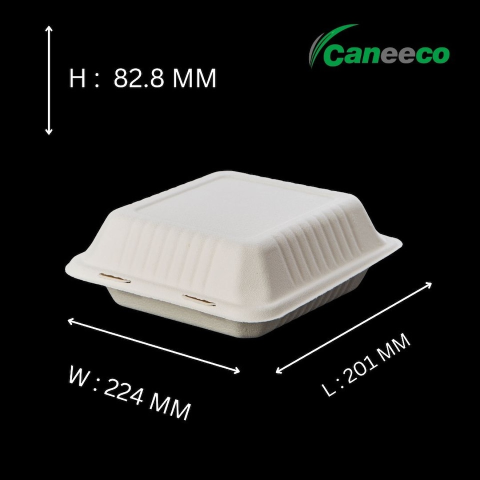 image 1 of Bagasse Sugarcane Takeaway Boxes 8x8 Clamshell Containers, PFAS Free, TUV Home Compostable Certified Food Boxes for Hot & Cold Meals, Restaurants, Parties & Catering
