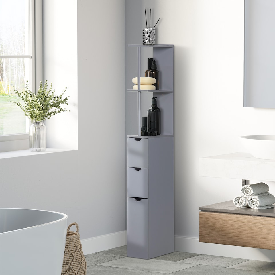 image 1 of HOMCOM Tall Bathroom Cabinet, Freestanding Bathroom Storage Cabinet with 2-Tier Shelf and Drawers, Narrow Cupboard Storage Unit, Grey