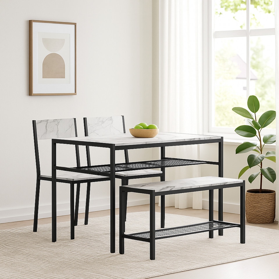 image 1 of 4 Pcs Set Dining Room Table Metal Frame with 2 Matching Chairs and Bench Kitchen | Multi | White Marble