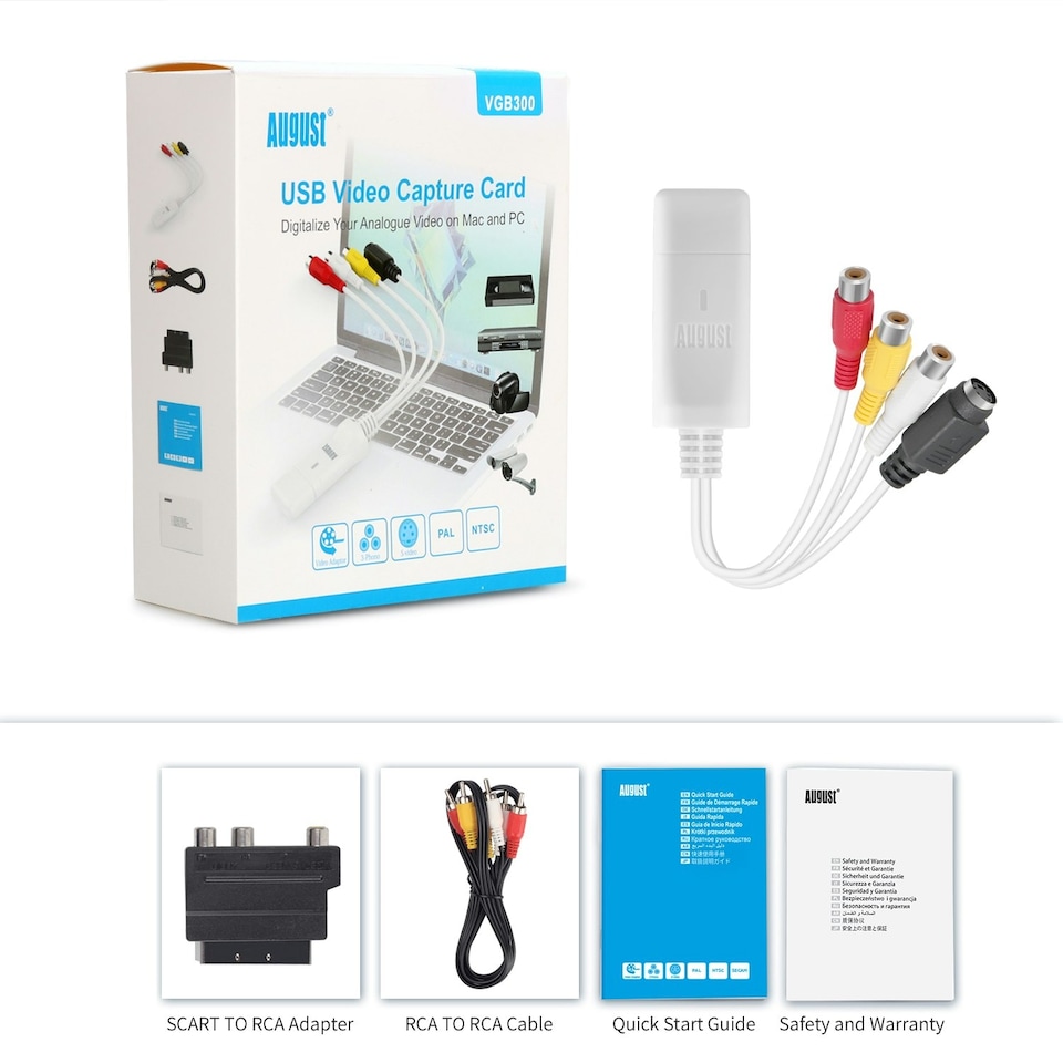 image 1 of USB Video Capture Card Adapter - Convert VHS Analog Video to Digital - For Windows & Mac PC/Laptop- August VGB300