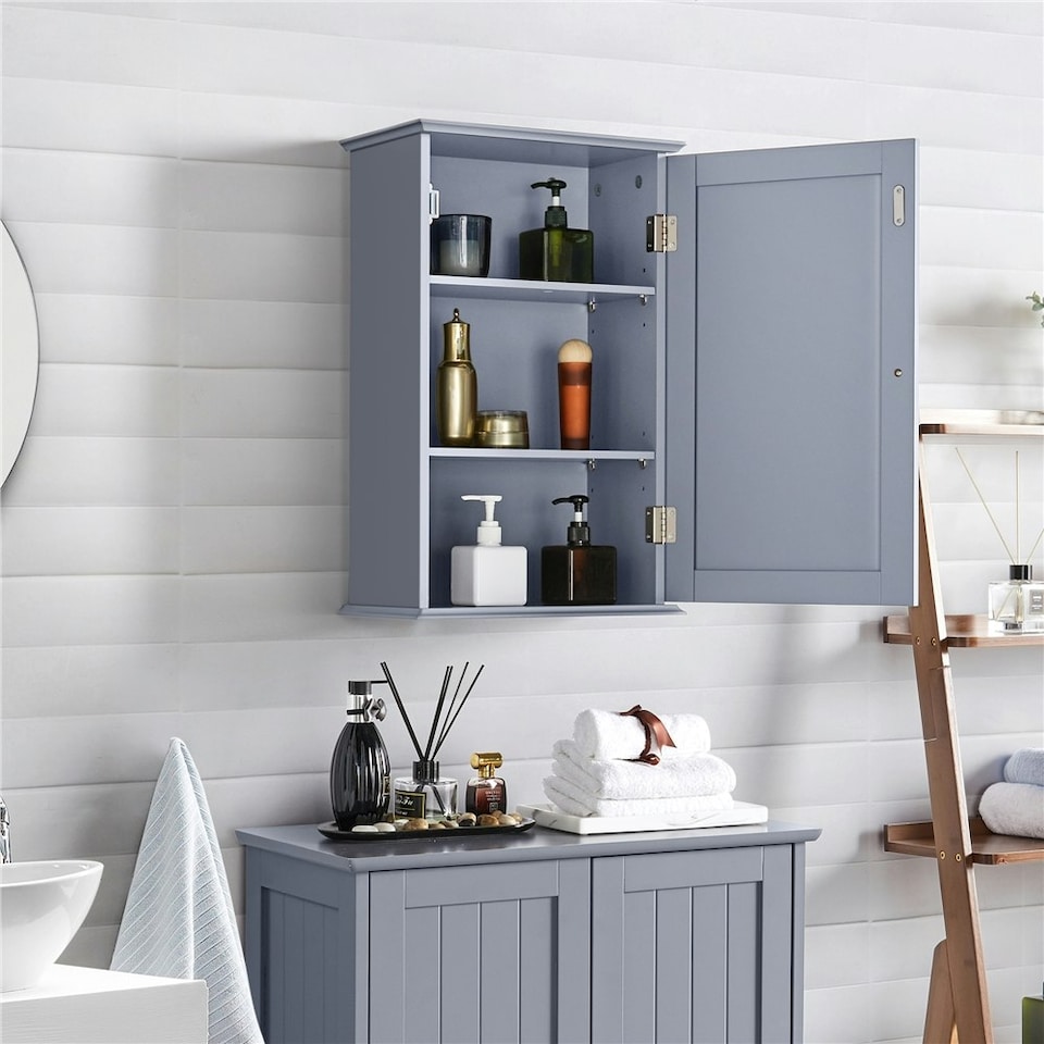 image 1 of Yaheetech Wall Mounted Cabinet with 3 Tiers Grey Grey
