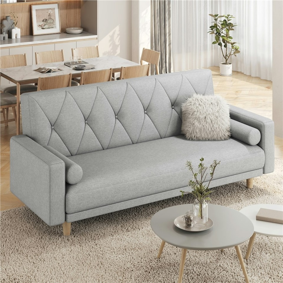 image 1 of Yaheetech Button-tufted Fabric 3-Seater Sofa Bed with 2 Bolster Pillows