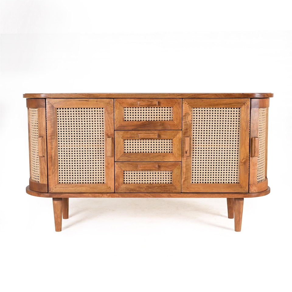 image 1 of Solid Mango Wood Sideboard Buffet Cabinet with Cane Doors & Drawers – Dark Oak Finish Credenza Storage Cabinet, No Veneer Console Table, Fully Assembled with Legs to Attach, Mid Century Modern Furniture