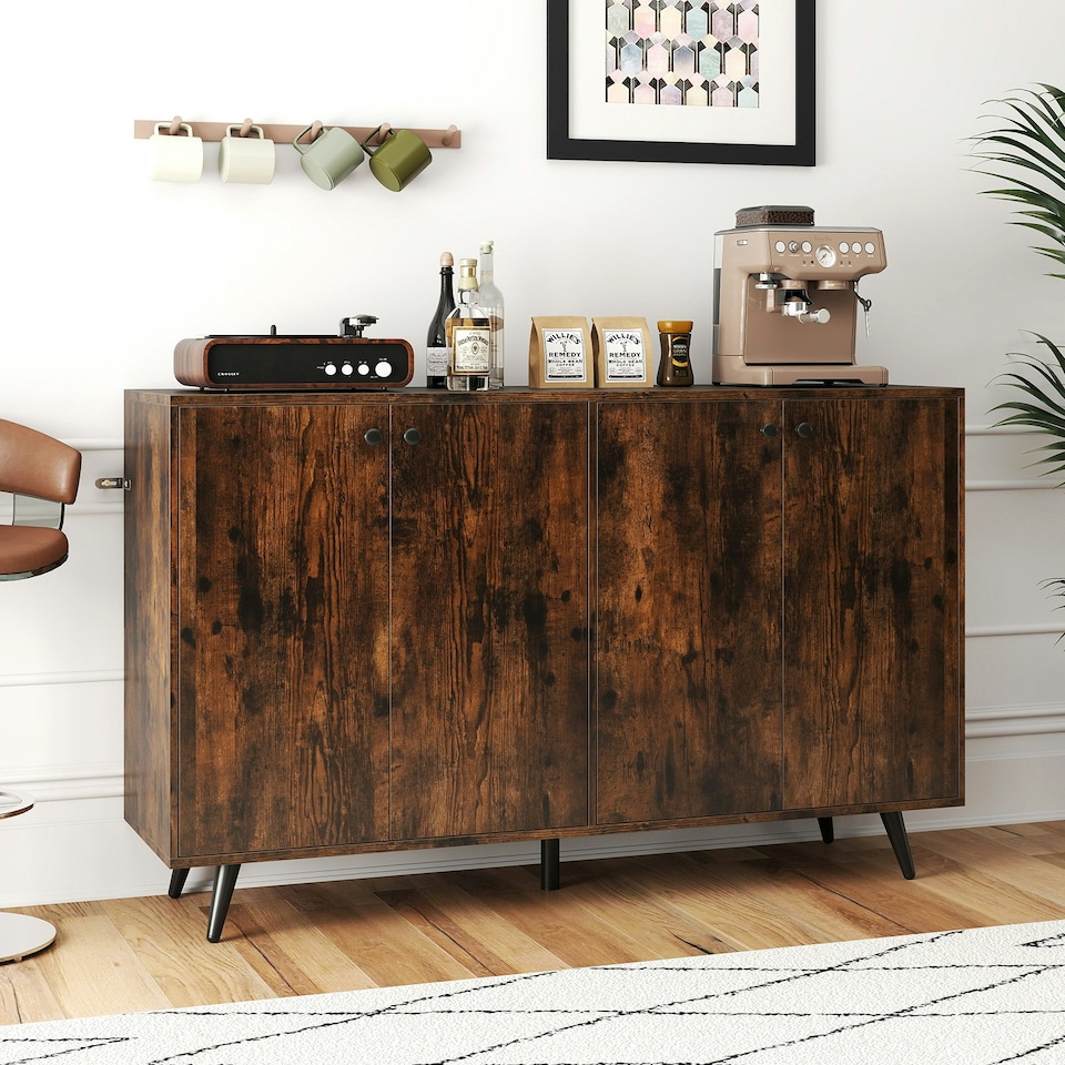 image 1 of COSTWAY Buffet Sideboard Modern 4-Door Storage Cabinet Brown Brown