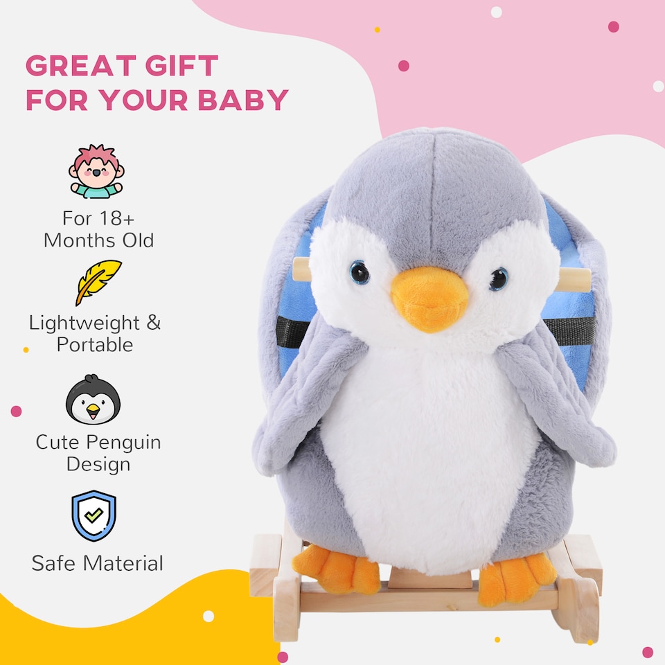 image 1 of HOMCOM Children Kids Animal Rocking Horse Penguin Plush Musical Button 32 Songs Kid Rocker for 18 Plus Months