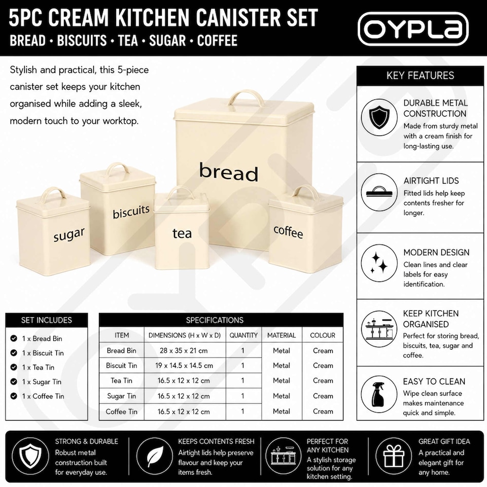 image 1 of 5pc Cream Kitchen Canister Set Bread Biscuits Tea Sugar Coffee | Cream