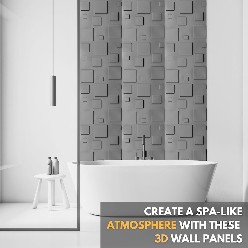 image 1 of NOVECRAFTO 3D Geometric Wall Panels – Matt White Squares Design – 6 PVC Sheets – 1.5m² (16.15sqft) – Interior Cladding Wall Tile Effect | White