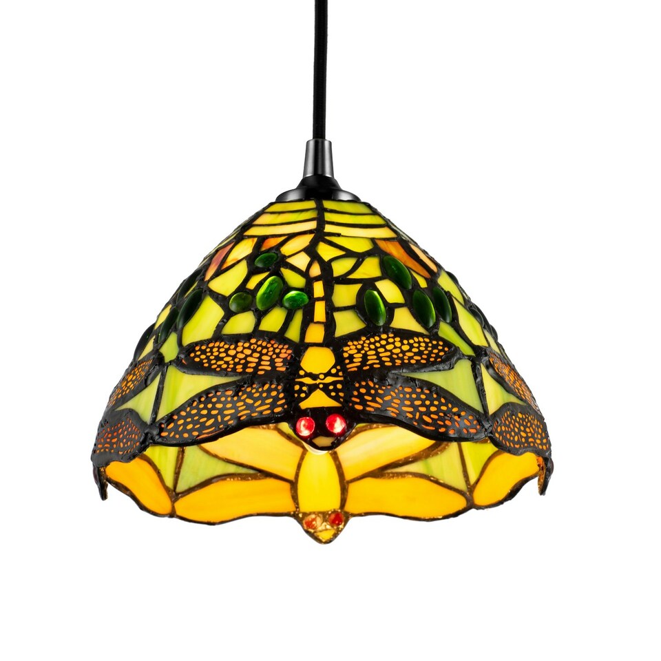 image 1 of Dragonfly Themed Green Stained Glass Tiffany Pendant Lighting Shade with Beads