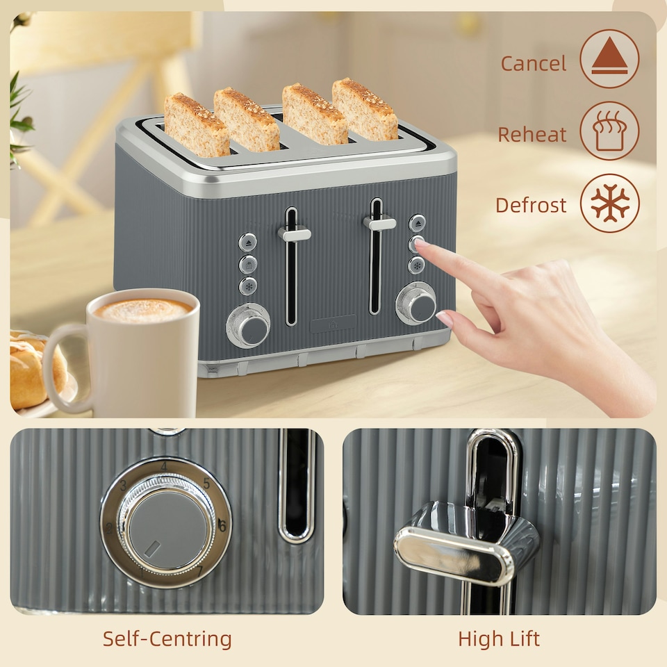 image 1 of HOMCOM 1.7L 3000W Rapid Boil Kettle and 4 Slice Toaster Set Crumb Tray Grey