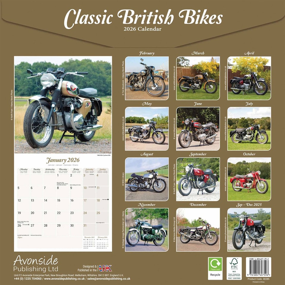 image 1 of Classic British Bikes 2026 Calendar | Square Wall Calendar | Motorcycle Gift | Plastic Free Packaging | by Avonside Publishing