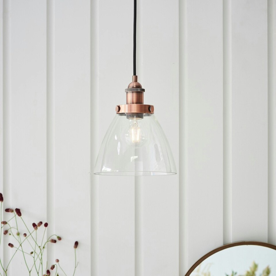 image 1 of Hansen 1 Light Pendant Glass, Aged Copper Plate, E27