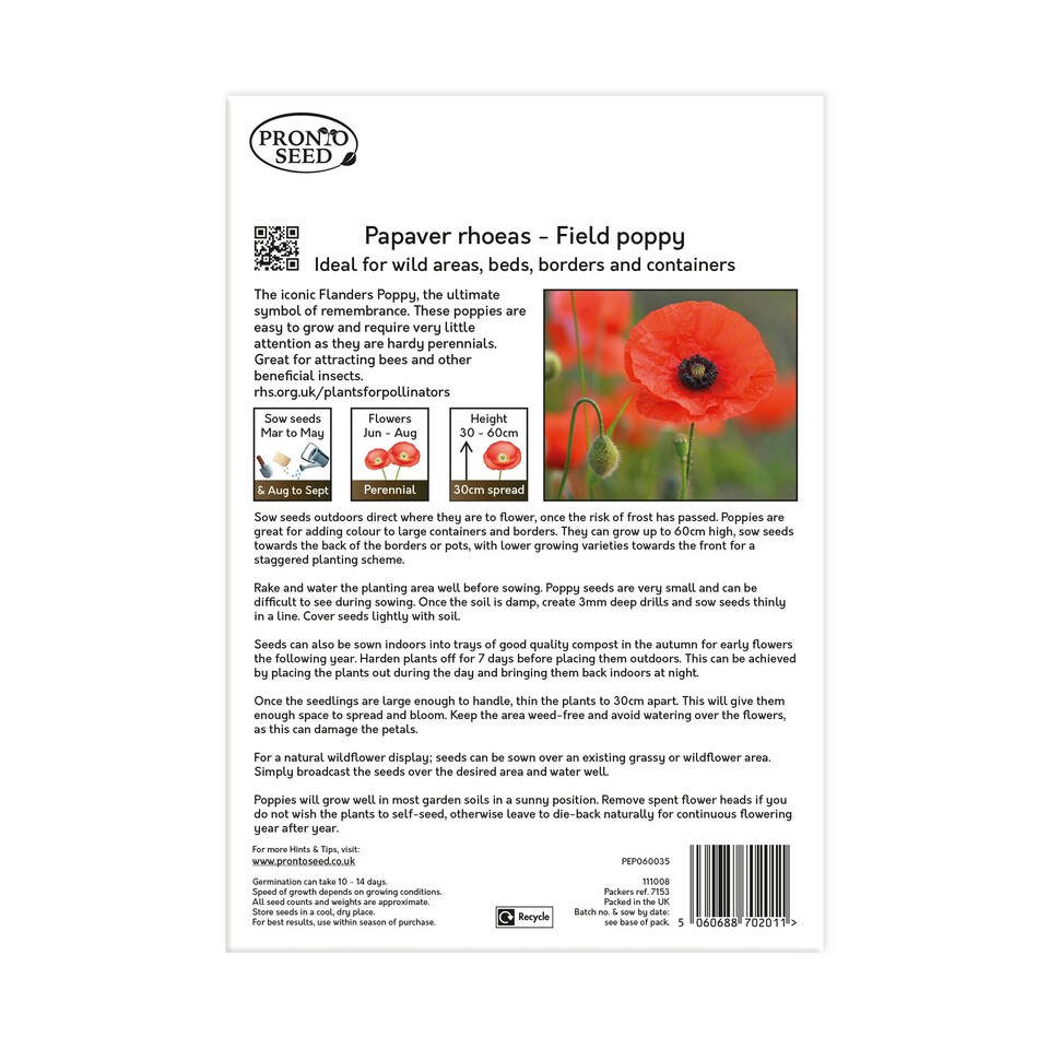 image 1 of Poppy Flower Seeds - Papaver Rhoeas, Field Poppy - 10g