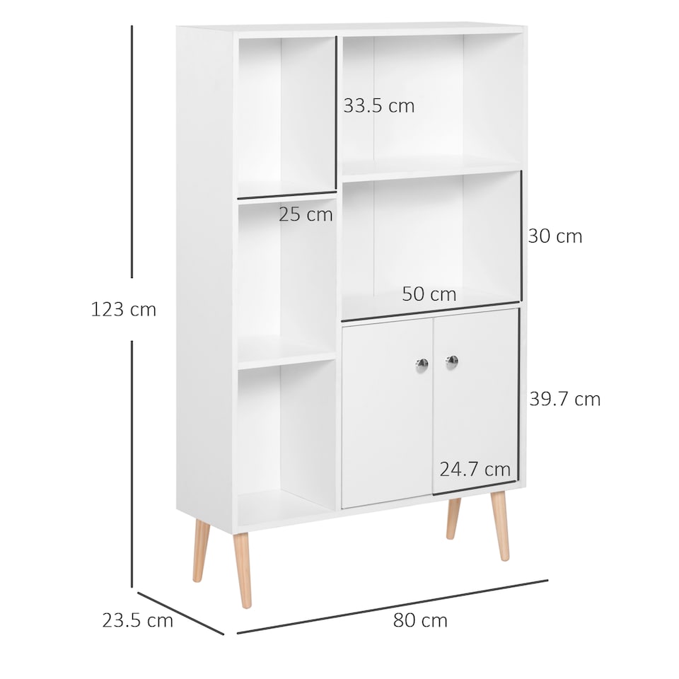 image 1 of HOMCOM Sideboard Storage Cabinet Cupboard, Open Bookcase with 2 Doors 5 Compartments Wooden Modern Style for Living Room Bedroom Kitchen 80 x 23 x 123 cm, White