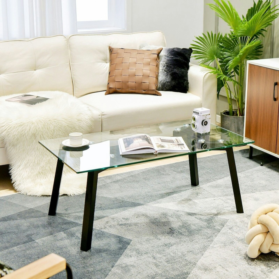 image 1 of COSTWAY Tempered Glass Coffee Table Rectangular Cocktail Table Black