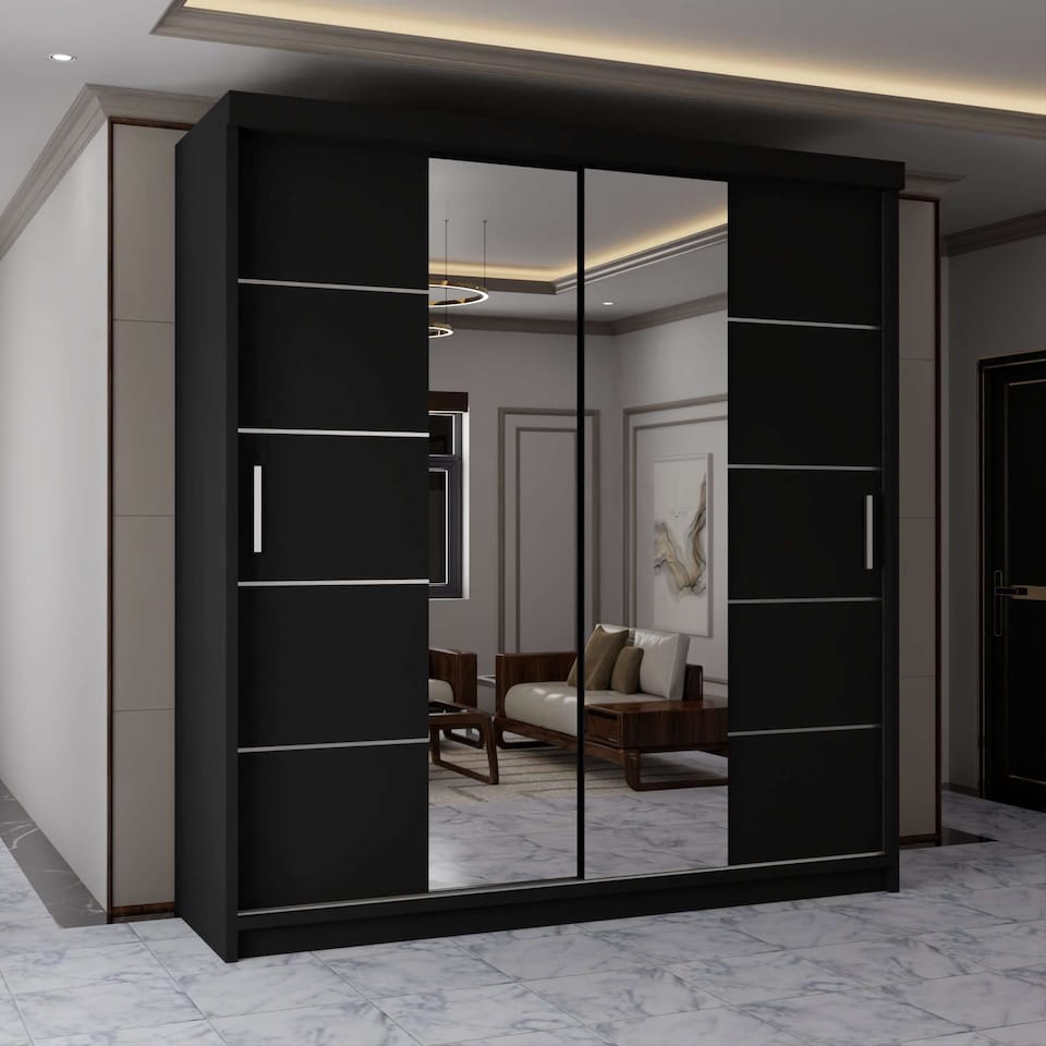 image 1 of Sliding Wardrobes 4U Modern Panelled Mirror Sliding Wardrobe – 120cm to 203cm, White, Black, Grey, Oak | Black | Black 180cm