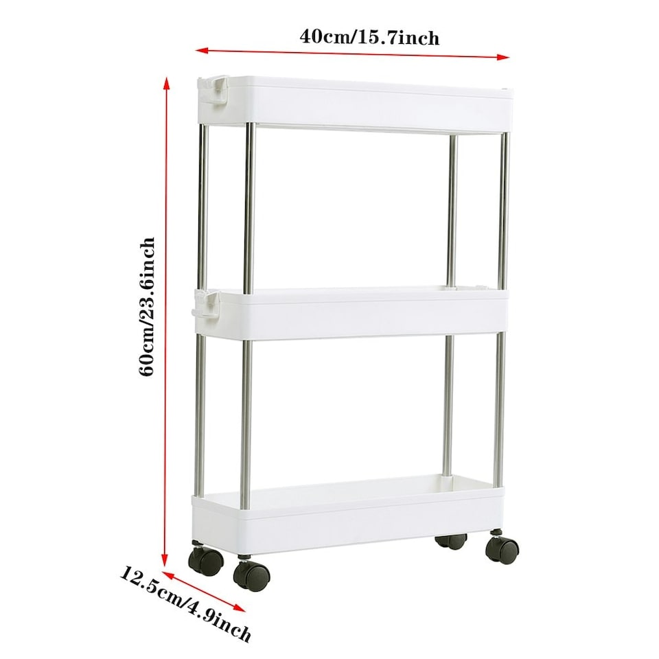 image 1 of Living and Home Plastic Storage Trolley Cart Rack 3-Tier - White