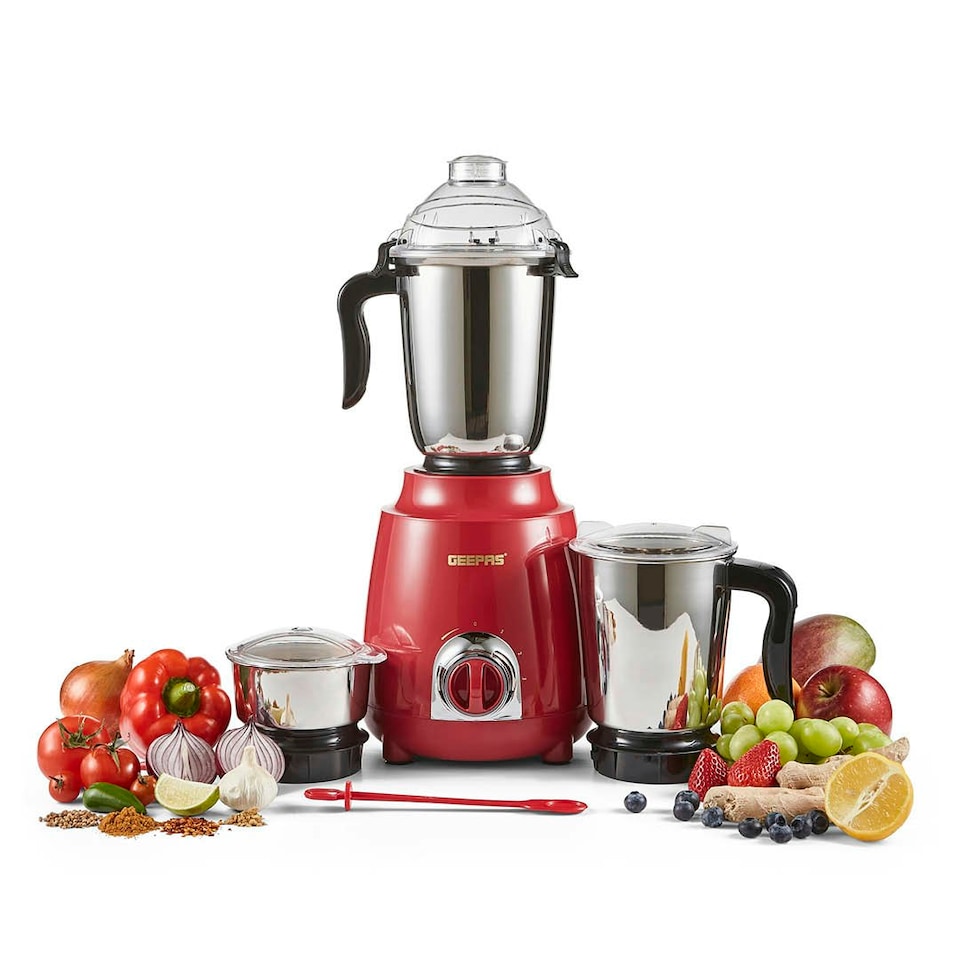 image 1 of GEEPAS 600W 3-in-1 Mixer Grinder | Stainless Steel Jars, Blades Red