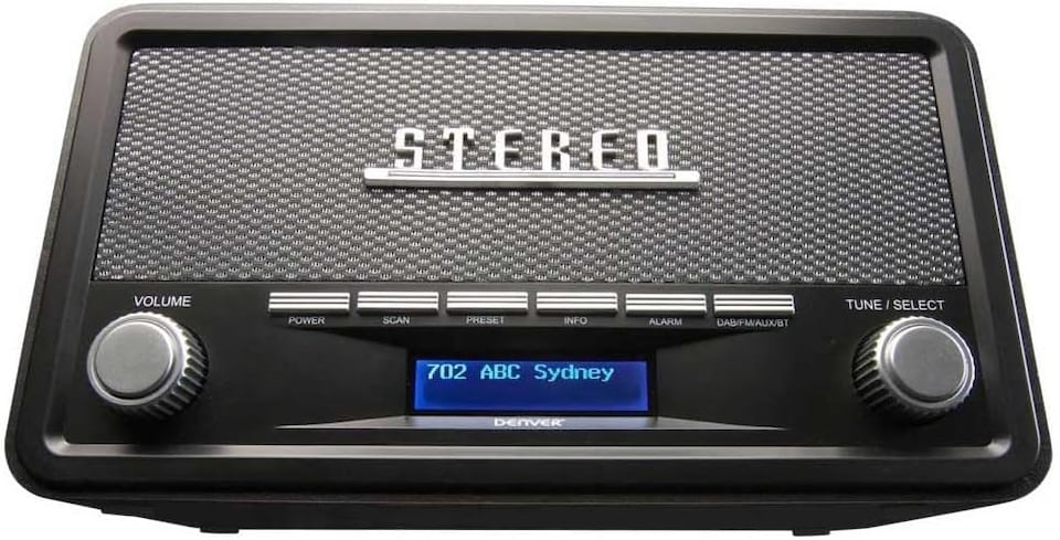 image 1 of Vintage Style Stereo DAB/DAB+ & FM Radio – Grey Wood Cabinet, Bluetooth, Clock Radio Alarm, AUX IN for Smart Phone/Tablet / MP3 Player – Mains or Battery