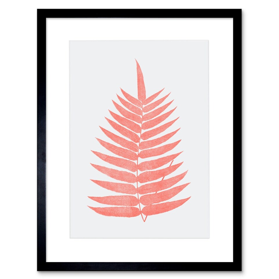 image 1 of Coral Pink Botanical Fern Frond Leaf Plant Lover 9x7" Black Framed Wall Art Print