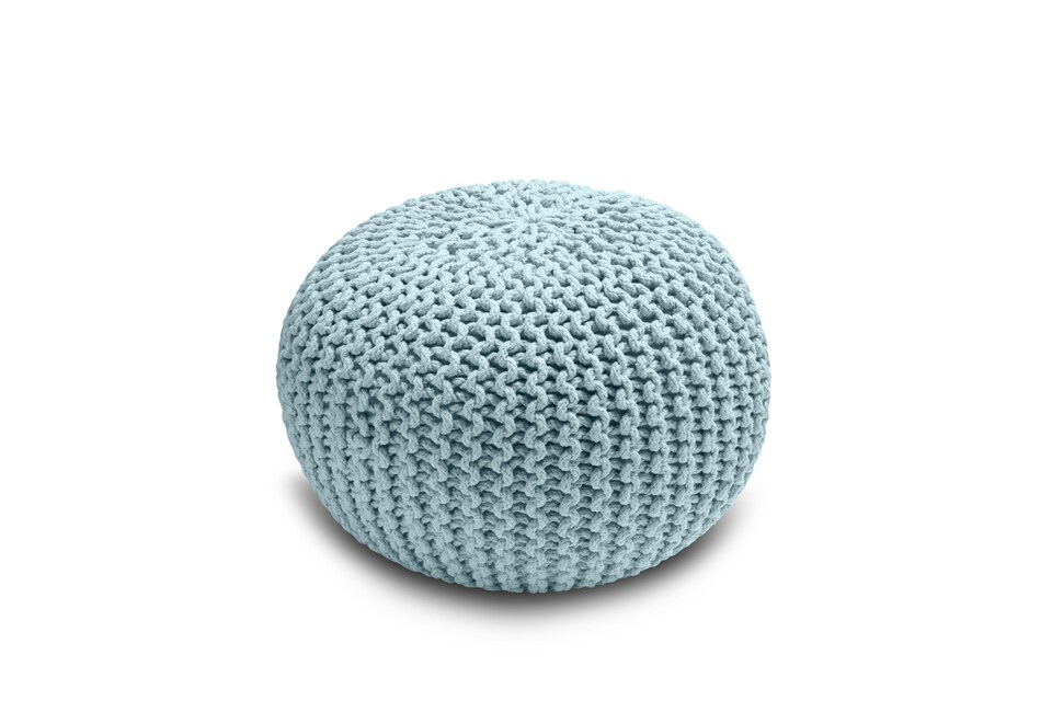 image 1 of Knitted Pouffe Chunky Round Footstool Ottoman 100% Cotton Handmade | Blue