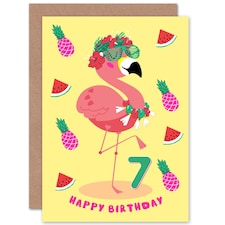 Flamingo Fruit Fun Cartoon Age 7 Year Old Child Kids 7th Birthday Card