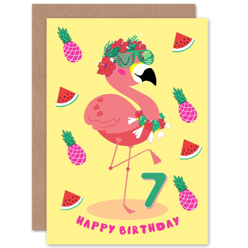 image 1 of Flamingo Fruit Fun Cartoon Age 7 Year Old Child Kids 7th Birthday Card