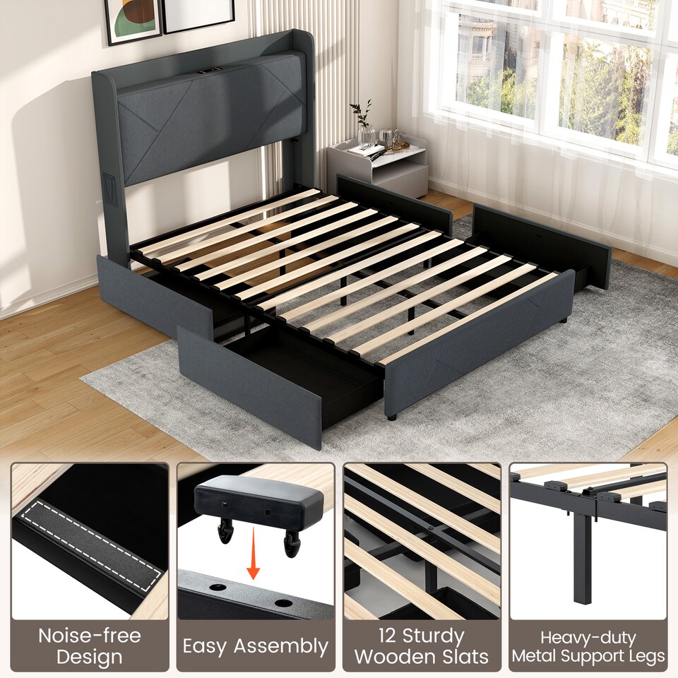 image 1 of COSTWAY Double Size Bed Frame with Lights and Charging Grey