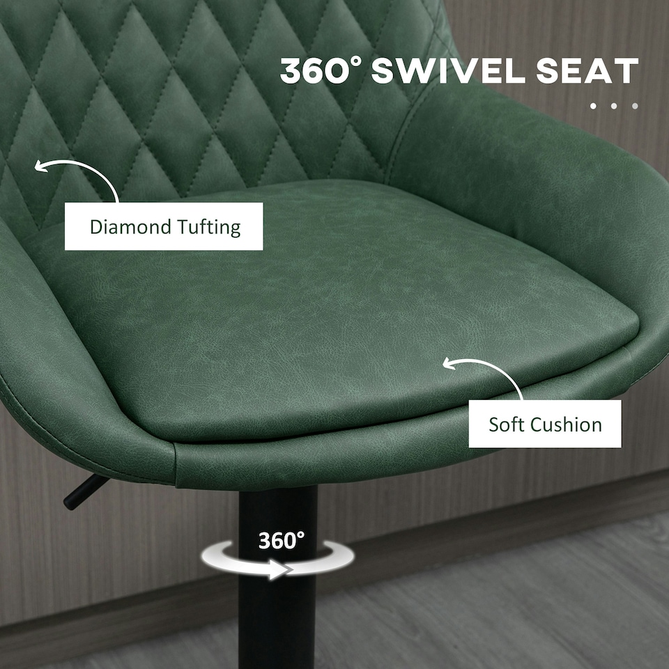 image 1 of HOMCOM Bar Stools Set of 2, Adjustable Bar Chairs 360 Degree Swivel, Green