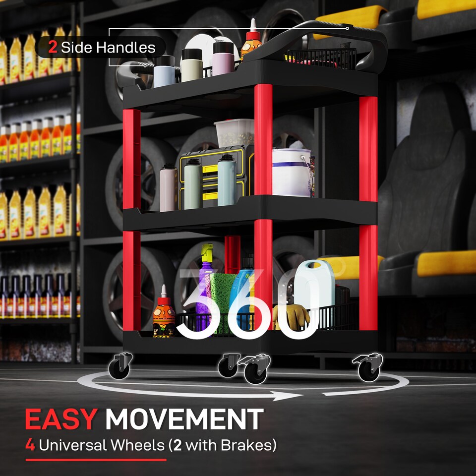 image 1 of HOMCOM 3-Tier Rolling Tool Cart, Tool Trolley on Wheels for Garage, Black | Red | Black and Red