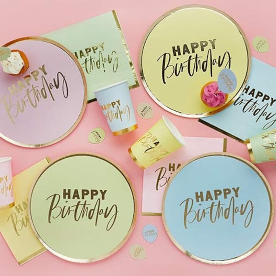 image 1 of Assorted Pastel Colour with Gold Foil Happy Birthday Round Paper Plates 23cm - Pack of 8 Gold
