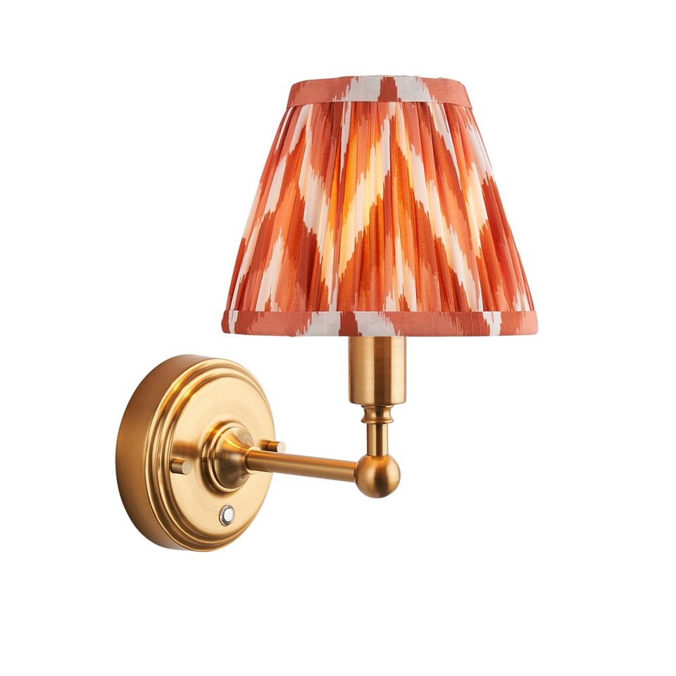 image 1 of Burley Rechargeable Brushed Aged Brass Plate Wall Light with Apricot Orange Fabric Zigzag Shade 16cm Integrated LED