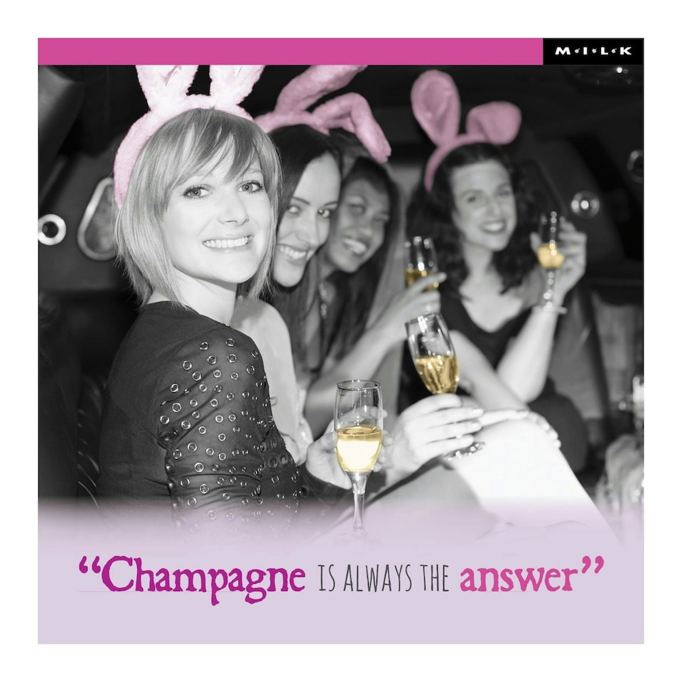 M.I.L.K Greetings Card Ladies In Limo Drinking Champagne