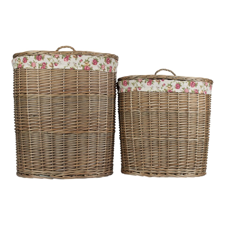 image 1 of Set of 2 Antique Wash Garden Rose Cotton Lined Oval Laundry Basket