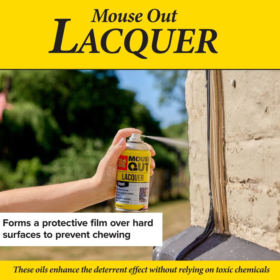 image 1 of The Big Cheese Mouse Out Lacquer 300ml Aerosol Quick Dry Rodent Repellent Protective Spray