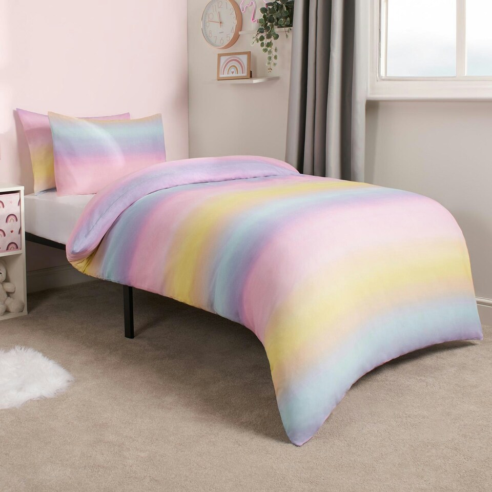 image 1 of OHS Reversible Rainbow Ombre Duvet Cover and Pillowcase Bedding Set, Single - Multi