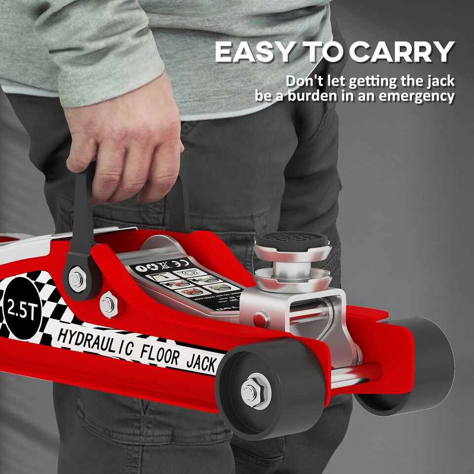 image 1 of HOMCOM Hydraulic Low Profile Floor Jack, 2.5 Tonne Heavy Duty Steel Trolley Car Jack Lift with 80-360 mm Lifting Range, Wheels, Top Handle, Red