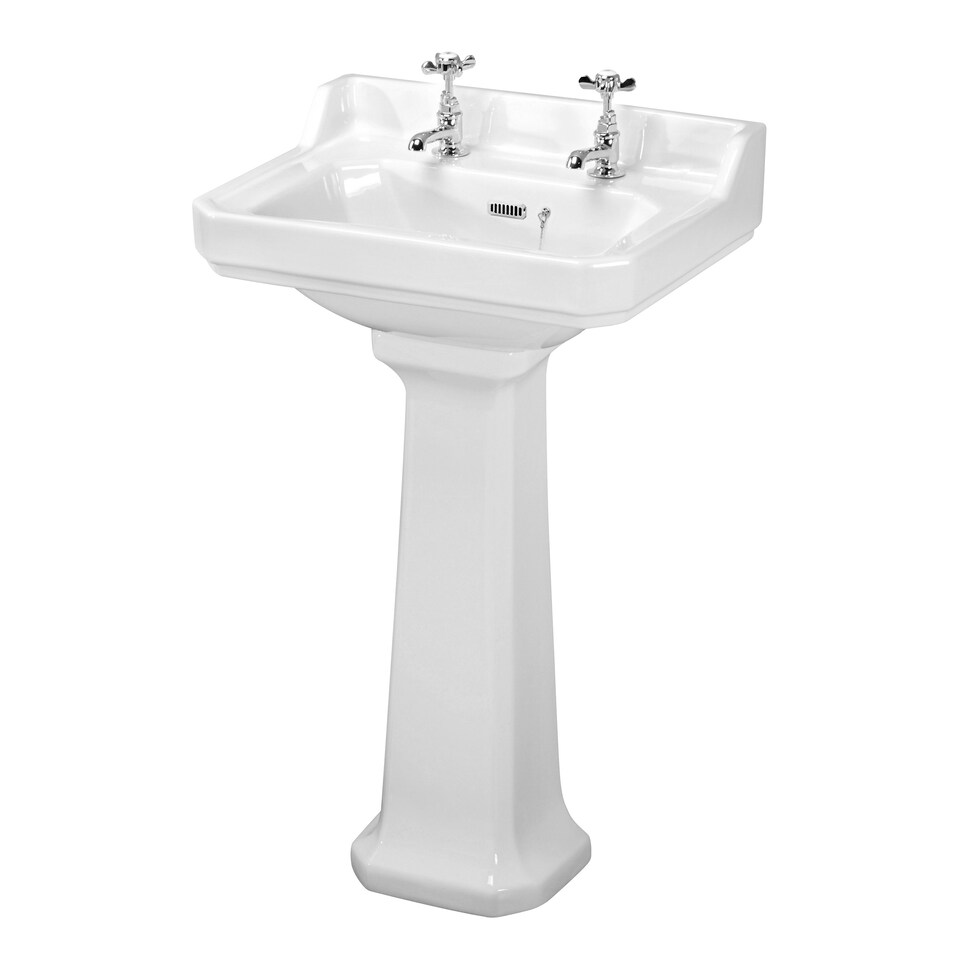 Traditional 2 Tap Hole Ceramic Bathroom Basin Sink & Full Pedestal - 560mm
