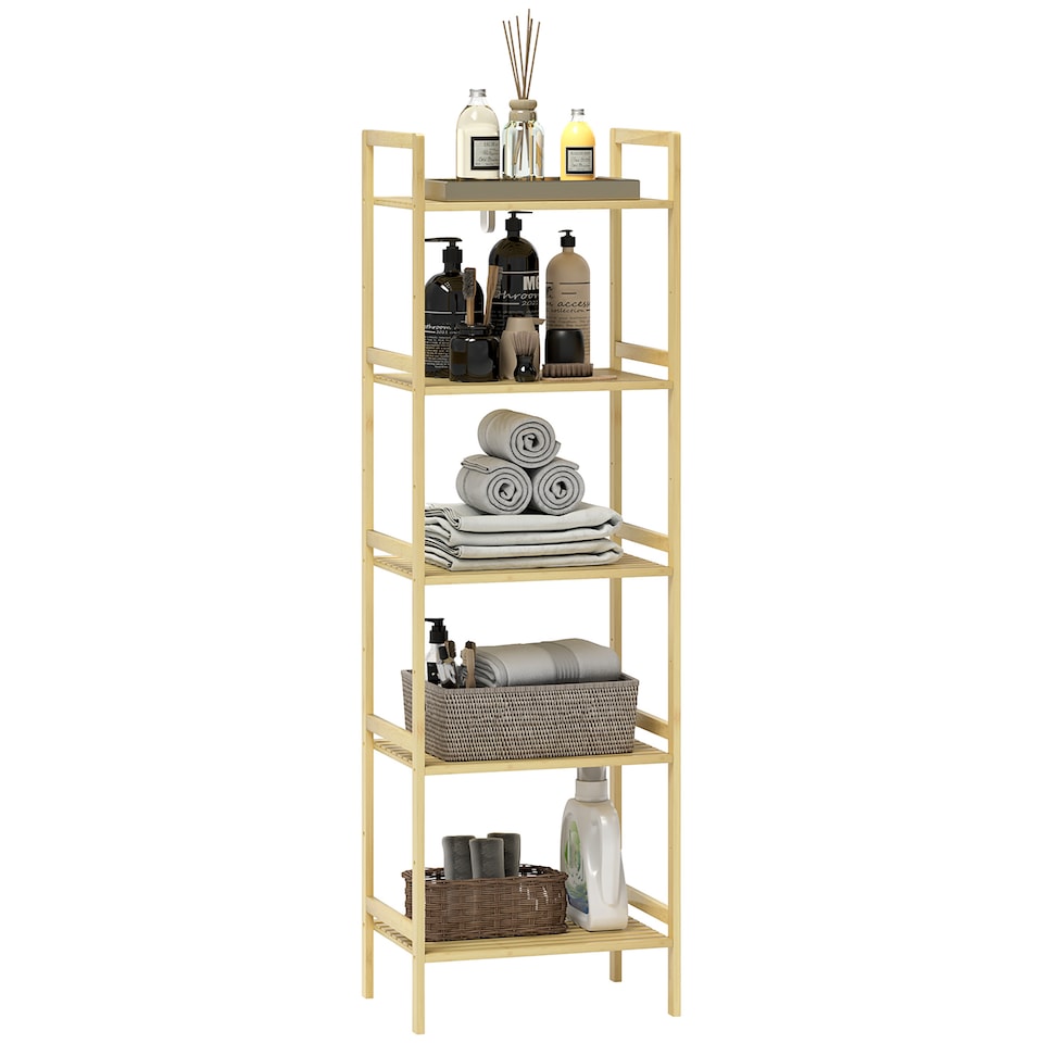 image 1 of HOMCOM 5-Tier Bamboo Bathroom Storage Shelf, Freestanding Shelving Unit with Adjustable Rack for Kitchen Bathroom Living Room, Natural Wood Finish