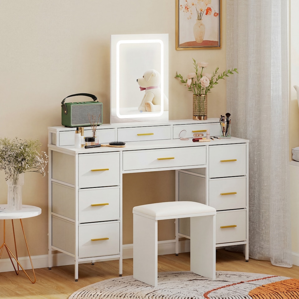 image 1 of HOMCOM Dressing Table with LED Lighting Mirror and 10 Drawers, White | Black