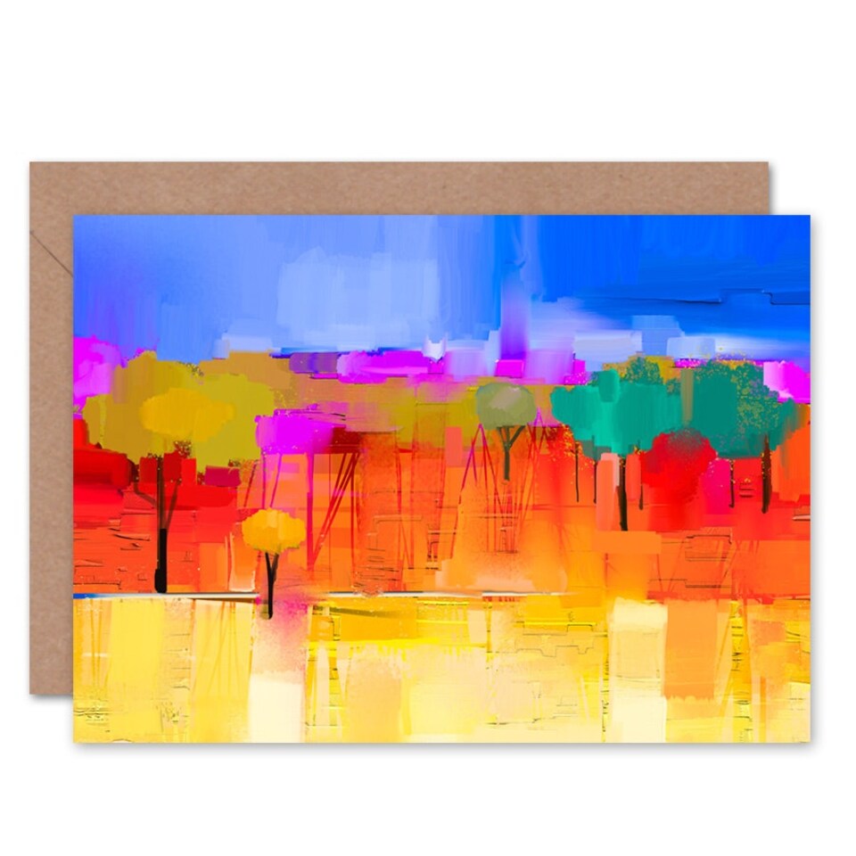 image 1 of Abstract Landscape With Trees Painting Vibrant Colourful Greeting Card