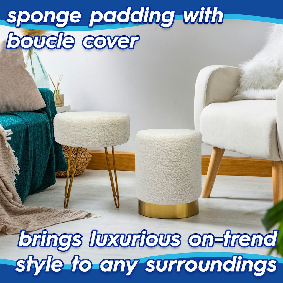 image 1 of Harbour Housewares Set Of 2 Cream Boucle Footstools Round Ottomans With Gold Base H41 x D35cm Modern Neutral Accent Seating Cream