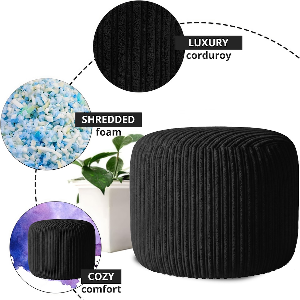 image 1 of Black  Jumbo Cord Footstool Oval Pouffe, Corduroy Ottoman Bean Bags 40cm x 35cm