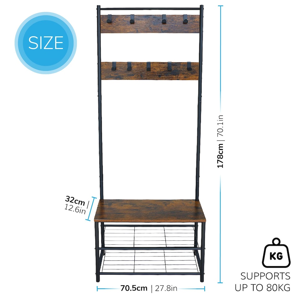 image 1 of House of Home Coat Rack Stand with Shoe Storage Bench 9 Hooks Rustic Brown Entrance Hall | Brown | Rustic Brown
