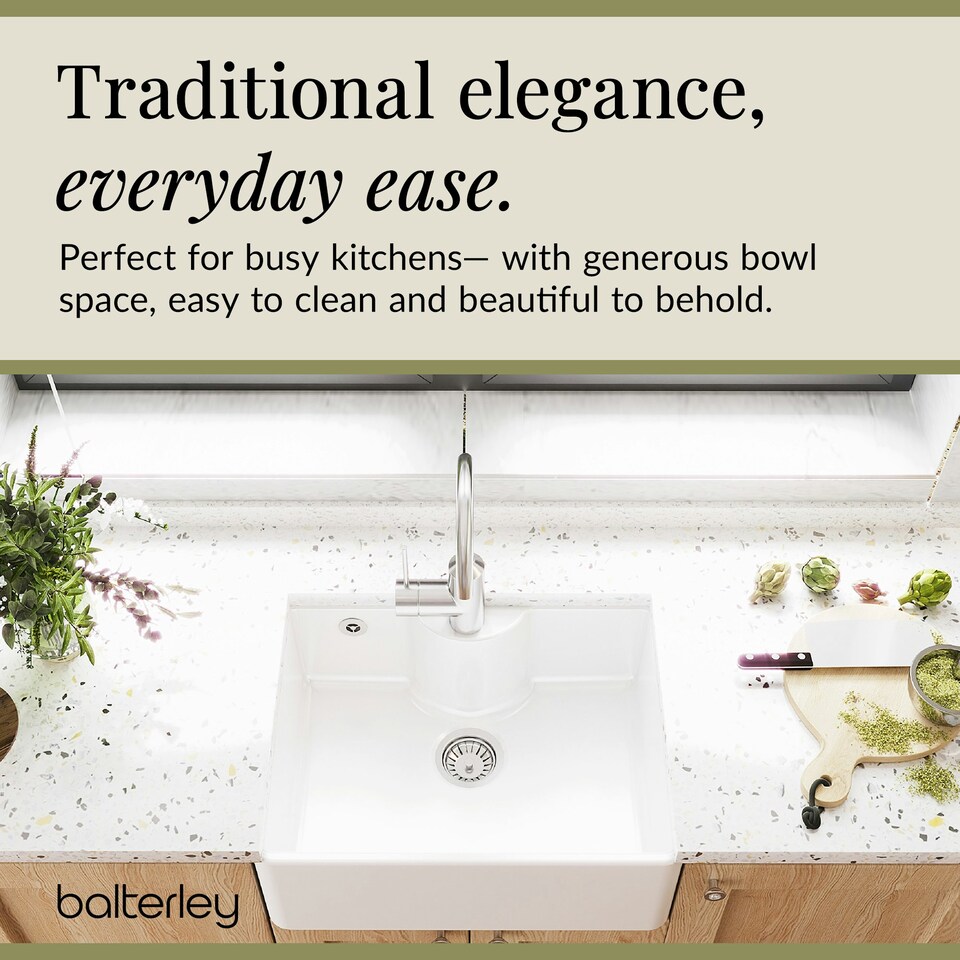 image 1 of 595mm - 1 Bowl Fireclay Butler Kitchen Sink - Tap Ledge, Hole, Overflow & Waste