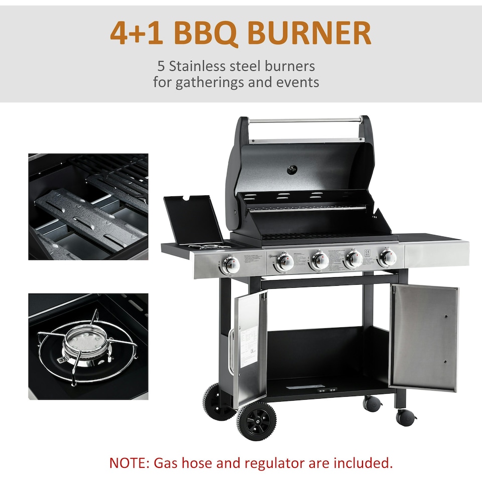 image 1 of Outsunny Deluxe Gas Barbecue Grill 4+1 Burner Garden BBQ w/ Large Cooking Area