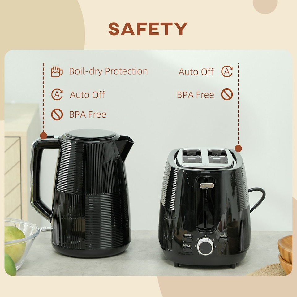 image 1 of HOMCOM 1.7L Fast Boil Electric Kettle and 2 Slice Water Toaster Set, Black
