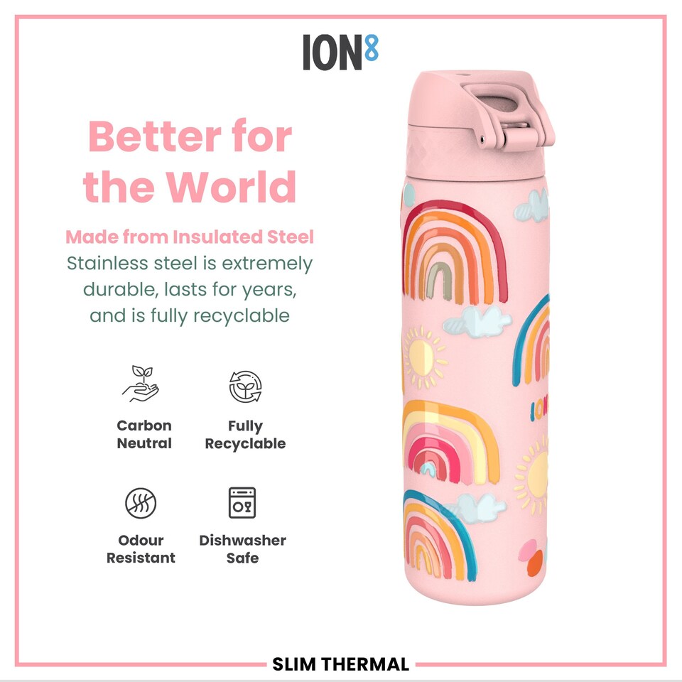 image 1 of Leak Proof Slim Water Bottle, Vacuum Insulated, 500ml (17oz) | Pink | Rainbows | One Size